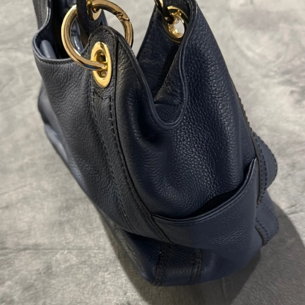 Michael Kors Navy Blue Shoulder Bag with Gold Accents